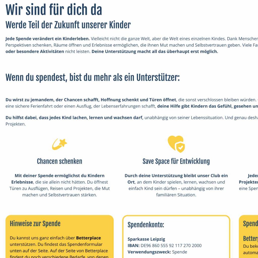 Ein Screenshot der neuen Spenden Seite vom Kinderhilfe Leipzig e. V.